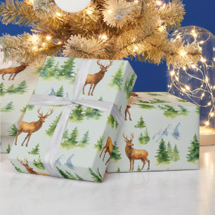 Watercolor Winter Forest - Deer and Snowy Trees - Wrapping Paper