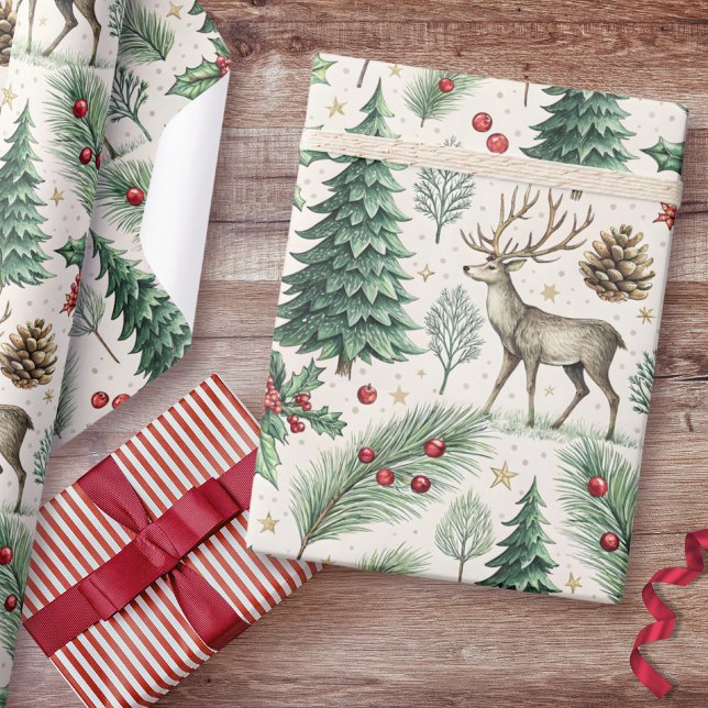 Watercolor Winter Forest Deer Christmas Wrapping Paper (Creator Uploaded)