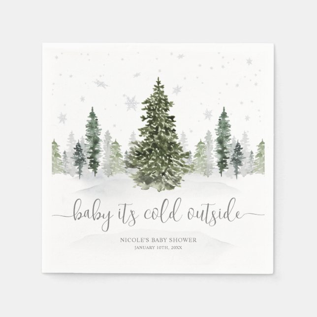 Watercolor Winter Forest Grey Baby Shower Napkin (Front)