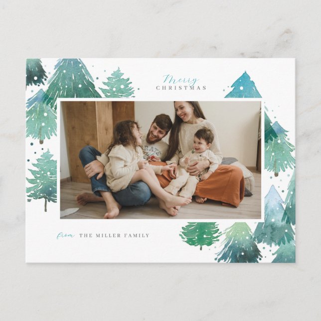 Watercolor Winter Forest Holiday Photo Postcard (Front)