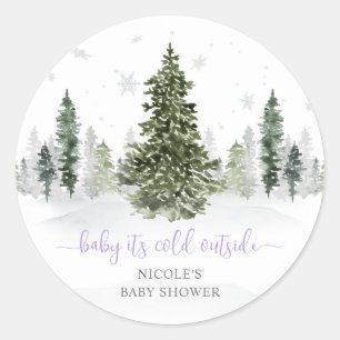 Watercolor Winter Forest Purple Baby Shower Classic Round Sticker