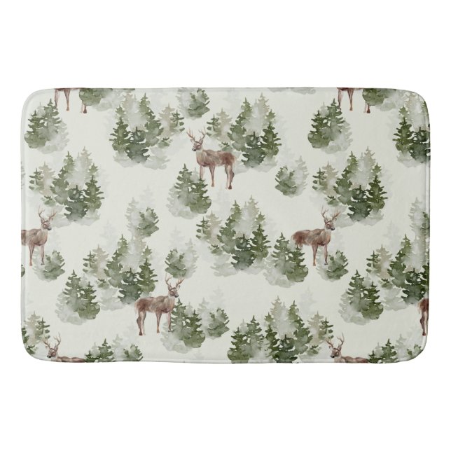 Watercolor Winter Forest Seamless Pattern Bath Mat (Front)