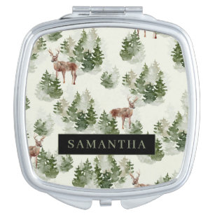 Watercolor Winter Forest Seamless Pattern Compact Mirror