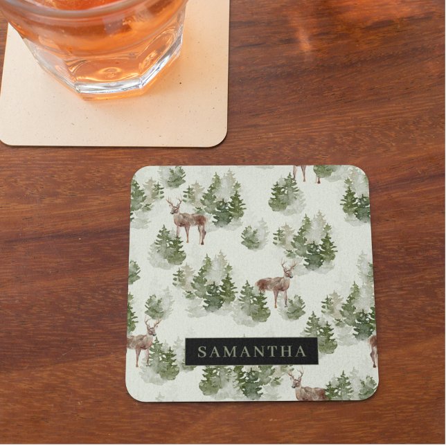 Watercolor Winter Forest Seamless Pattern Glass Coaster (Creator Uploaded)