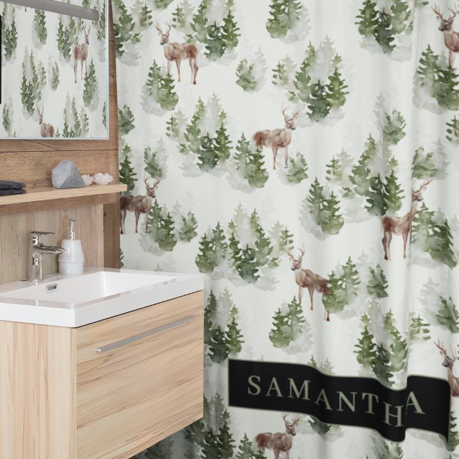 Watercolor Winter Forest Seamless Pattern Shower Curtain (Creator Uploaded)