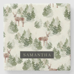 Watercolor Winter Forest Seamless Pattern Stone Coaster