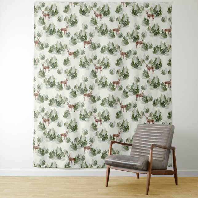 Watercolor Winter Forest Seamless Pattern Tapestry (In Situ)
