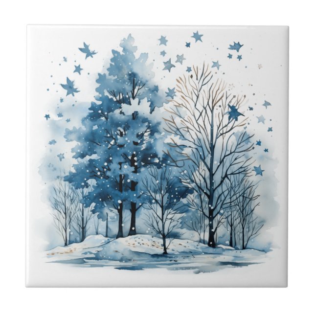 watercolor winter forest Tree Ceramic Tile (Front)