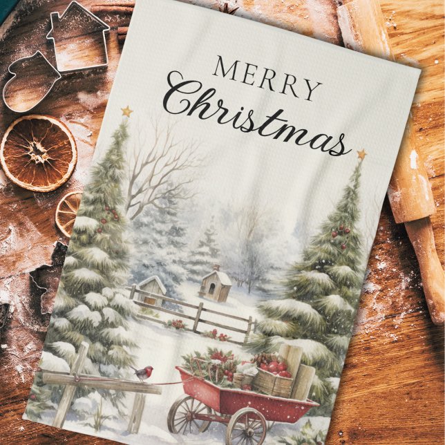 Watercolor Winter Forest Trees Merry Christmas  Tea Towel (Creator Uploaded)