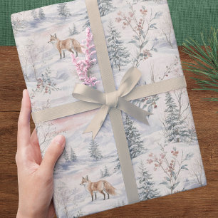 Watercolor Winter Fox and Pine Trees Christmas Wrapping Paper