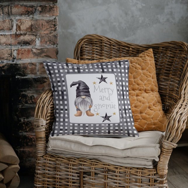 Watercolor Winter Gnome on Buffalo check Christmas Cushion (Cute gnome on buffalo check background design for Christmas pillow.)