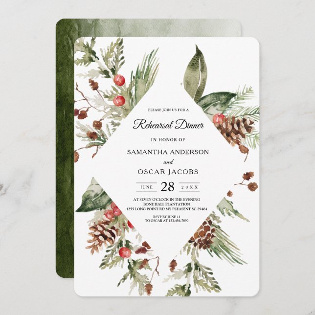 Watercolor Winter Green Pine Tree  & Pine Cone Invitation (Front/Back)