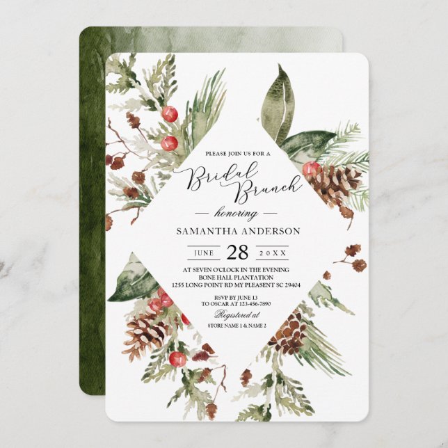 Watercolor Winter Green Pine Tree  & Pine Cone Invitation (Front/Back)