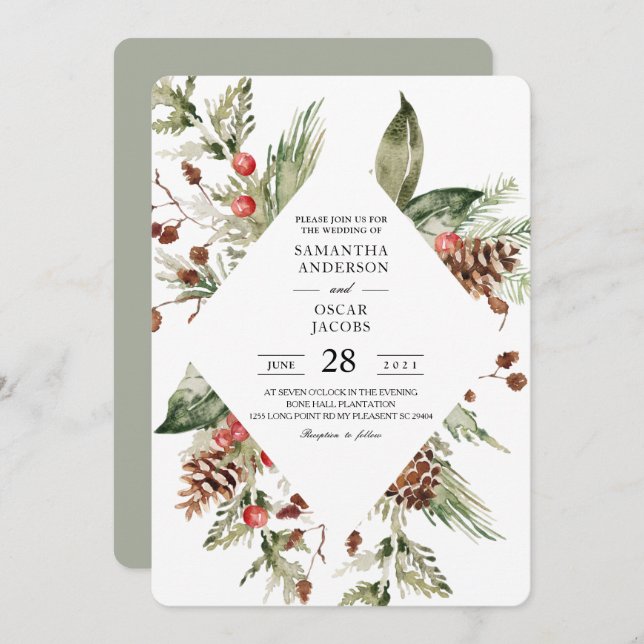 Watercolor Winter Green Pine Tree  & Pine Cone Invitation (Front/Back)