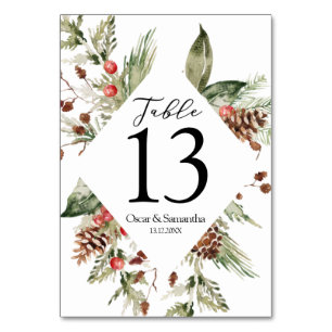 Watercolor Winter Green Pine Tree & Pine Cone Table Number