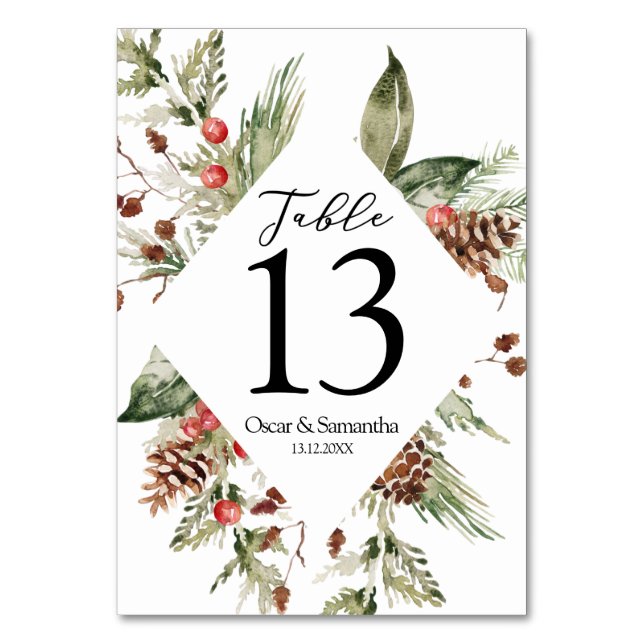 Watercolor Winter Green Pine Tree  & Pine Cone Table Number (Front)