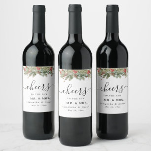 Watercolor Winter Green Pine Tree  & Pine Cone Wine Label