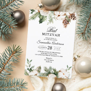 Watercolor Winter Green Pine Tree & White Flowers Invitation