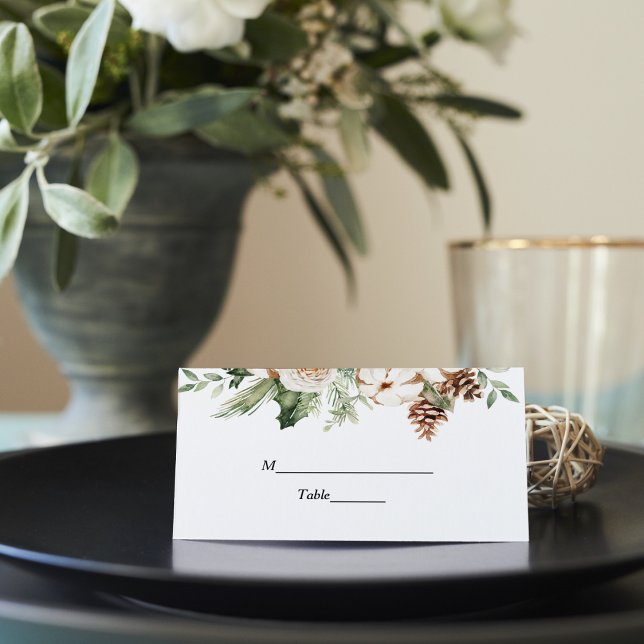 Watercolor Winter Green Pine Tree & White Flowers Place Card (Creator Uploaded)