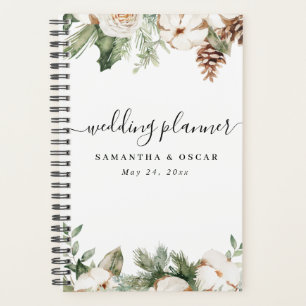 Watercolor Winter Green Pine Tree & White Flowers Planner