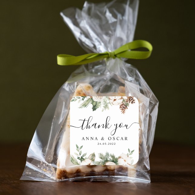 Watercolor Winter Green Pine Tree & White Flowers Square Sticker (Creator Uploaded)