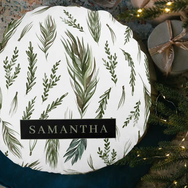 Watercolor Winter Green Seamless Pattern  Round Cushion (Creator Uploaded)