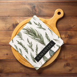 Watercolor Winter Green Seamless Pattern  Tea Towel