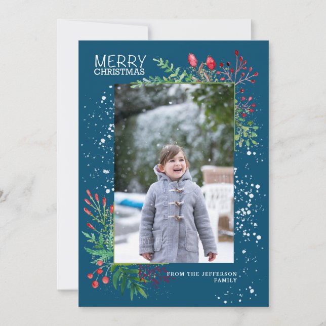 Watercolor Winter Greenery Blue Christmas Photo Holiday Card (Front)
