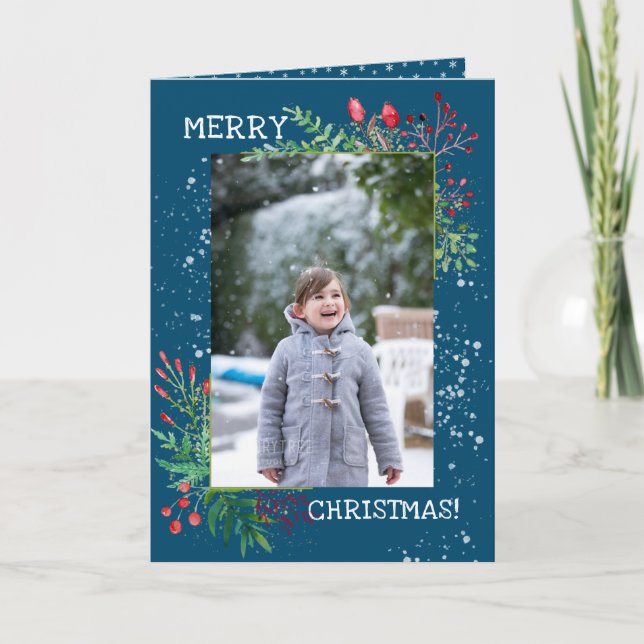 Watercolor Winter Greenery Blue Christmas Photo Holiday Card (Front)