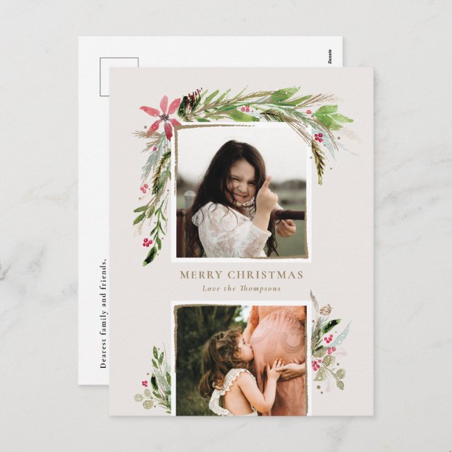 Watercolor Winter Greenery Holiday Photo Card (Front/Back)