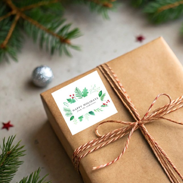 Watercolor Winter Greenery Holiday Square Sticker (Creator Uploaded)