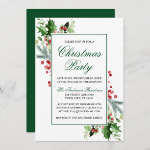 Watercolor Winter Greenery Holly Christmas Party Invitation