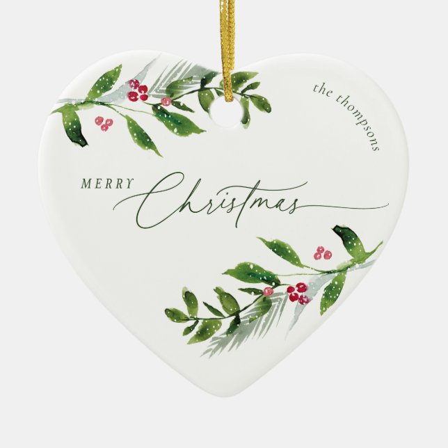 Watercolor Winter Greenery Modern Christmas Ceramic Ornament (Front)
