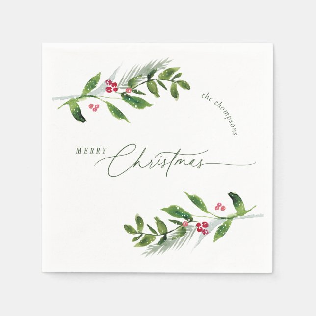 Watercolor Winter Greenery Modern Christmas Napkin (Front)