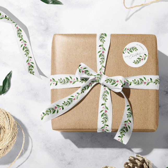 Watercolor Winter Greenery Modern Christmas Satin Ribbon (Creator Uploaded)