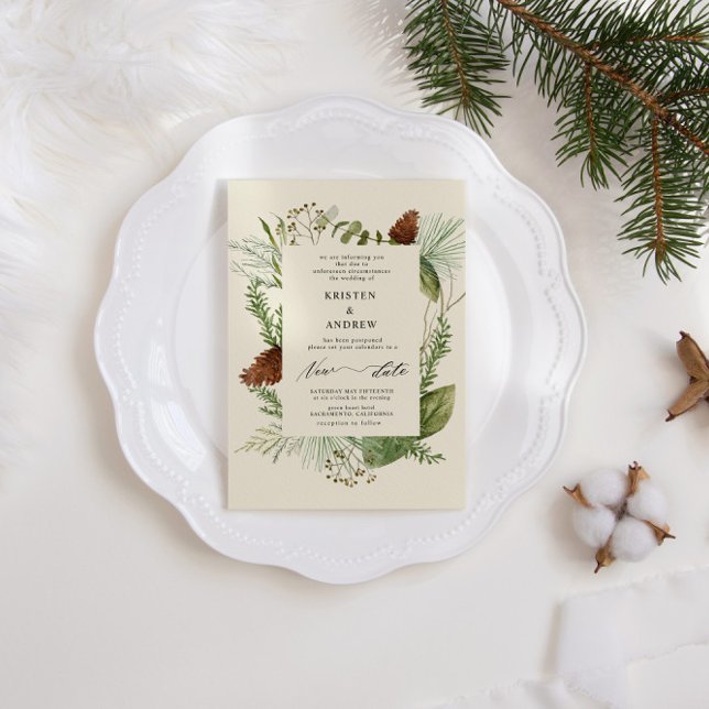 Watercolor Winter Greenery Posponed Wedding Invitation (Creator Uploaded)