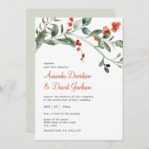 Watercolor Winter Greenery & Red Berries Wedding Invitation