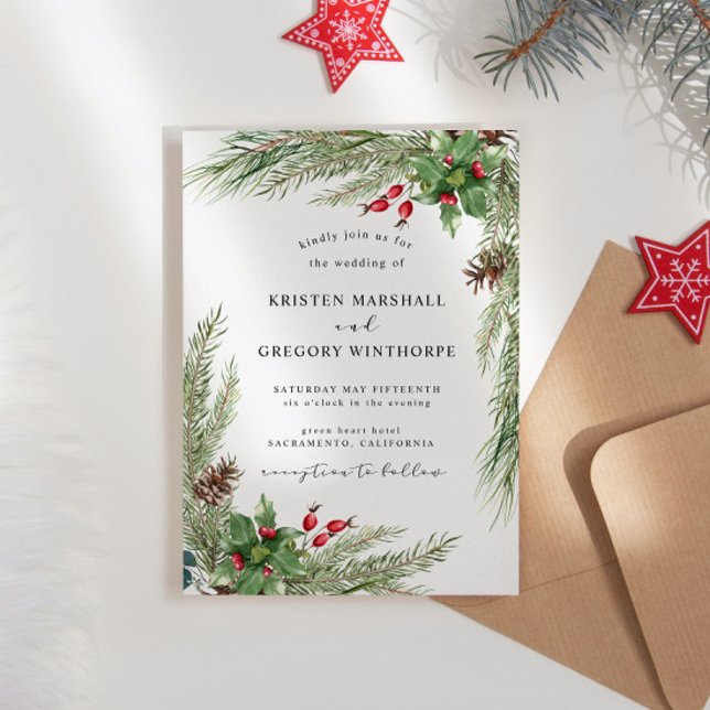 Watercolor Winter Greenery Red Berries Wedding Invitation (Creator Uploaded)