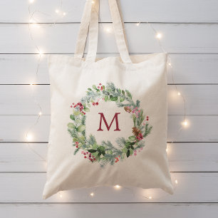 Watercolor Winter Greenery Wreath Monogram Tote Bag