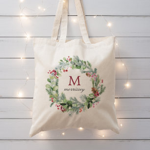 Watercolor Winter Greenery Wreath Monogram Tote Bag