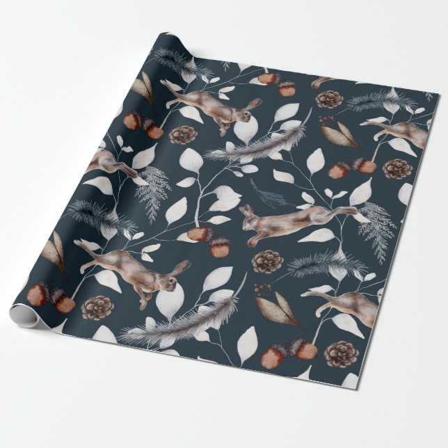 Watercolor Winter Hare Wrapping Paper (Unrolled)