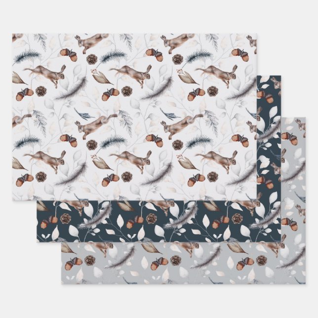 Watercolor Winter Hare Wrapping Paper Sheet (Set)