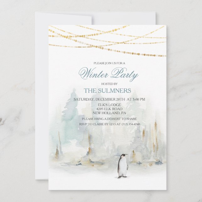 Watercolor Winter Holiday Party Penguin Invitation (Front)