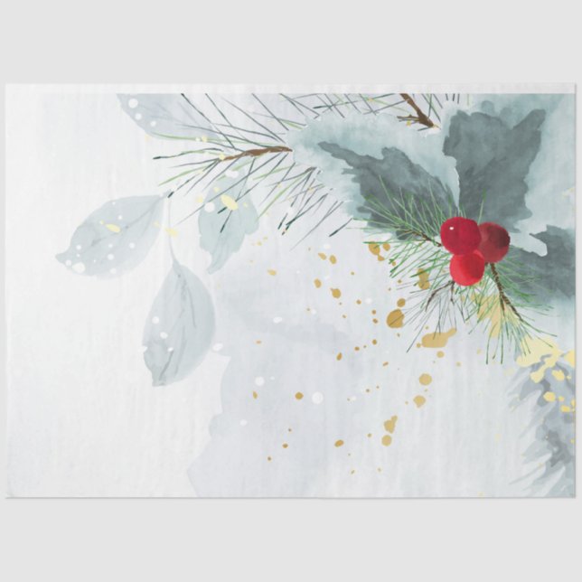 Watercolor Winter Holly Berry Pine Twig Christmas Tissue Paper (Front)