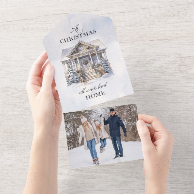 Watercolor Winter Home Christmas Greetings All In One Invitation (Tearaway)