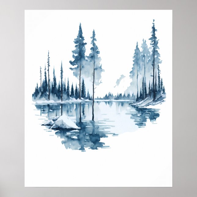 Watercolor Winter Lake Landscape Poster (Front)