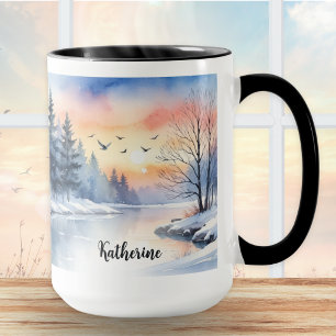 Watercolor Winter Lake Sunrise Personalised Name Mug