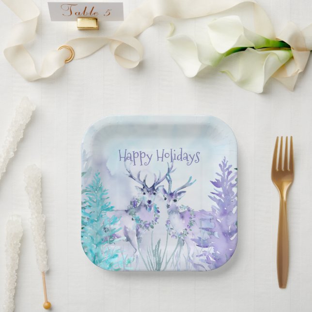 Watercolor Winter Landscape Happy Holidays Paper Plate (Wedding)