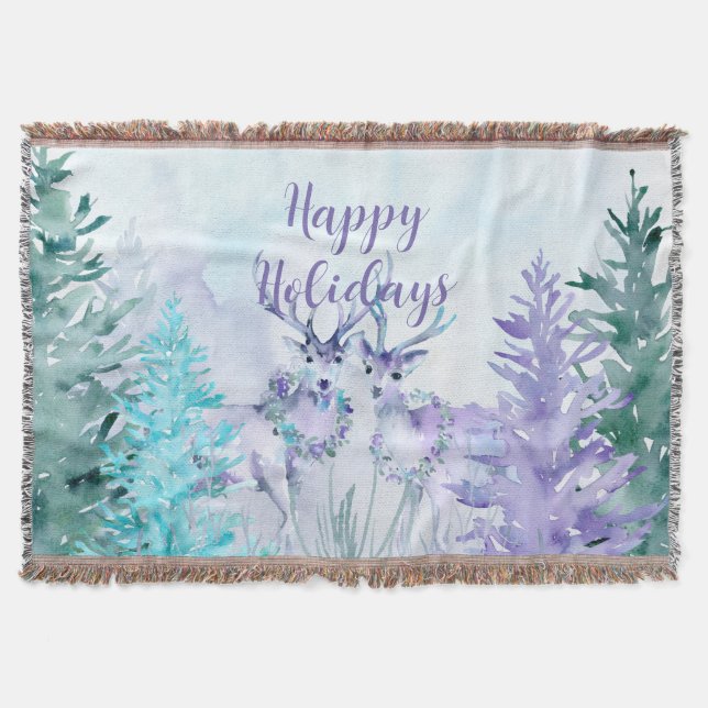 Watercolor Winter Landscape Happy Holidays Throw Blanket (Front)