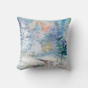 Watercolor winter landscape illustration cushion